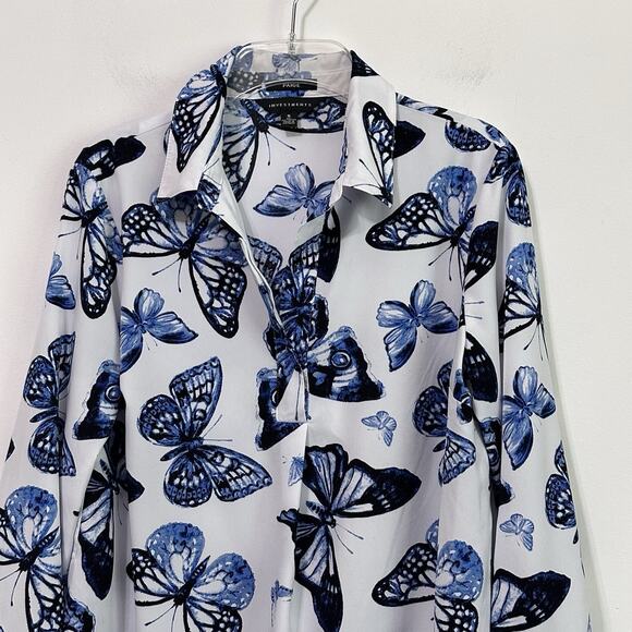 Paige Investments Blouse Popover Top S Blue Butterfly Summer Spring Party V Neck - Picture 3 of 9